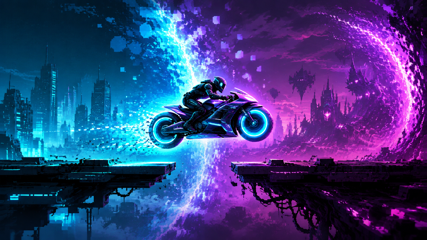 Reality Rider racing between cyan and violet digital realities